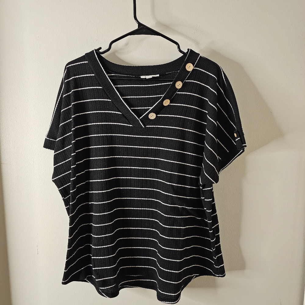 Women Jillian N V neck short sleeve black & white strip shirt